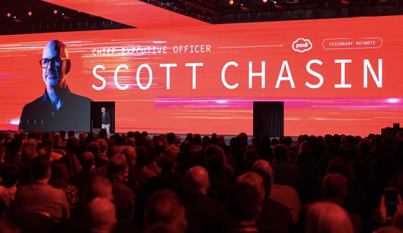 Scott Chasin presenting on stage at Pax8 Beyond 2026 Salt Lake City